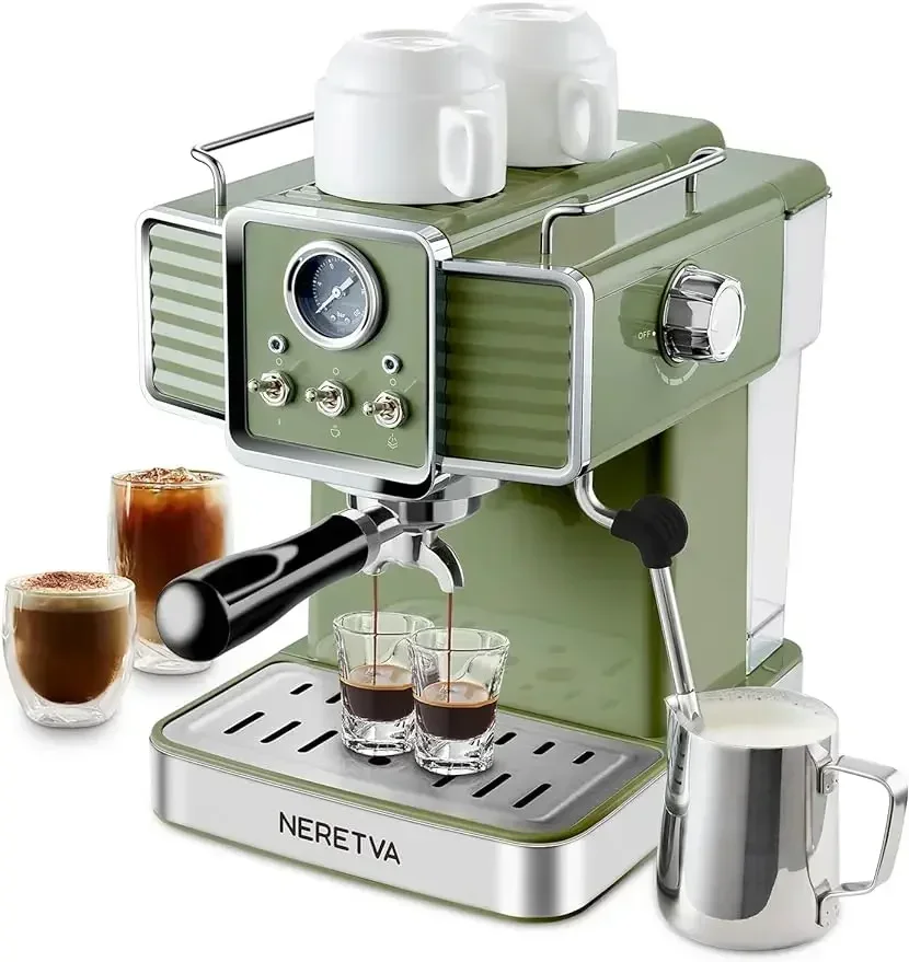 Neretva-Professional Coffee Maker, 15 Bar Espresso  Machine, Milk Frother, Steam Wand, Green, Home Barista, 1350W