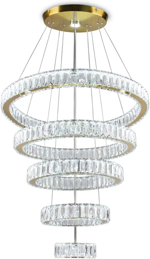 Dixun LED Crystal Chandeliers, Modern 5 Rings Pendant Light Titanium Gold Stainless Steel Height Adjustable Ceiling Light for Be