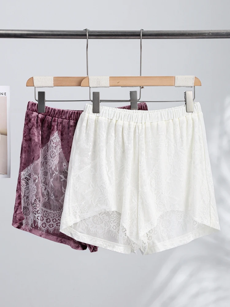 Women's Shorts Velvet Patchwork Lace See Hollow Out Irregular Hem Loose Shorts Charming Female Elastic High Waist Loungewear New