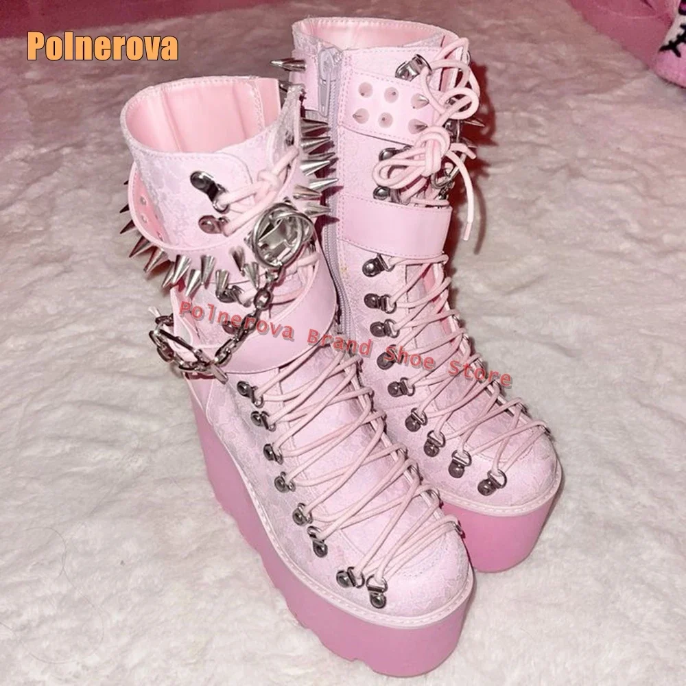 

Pink Rivet Lace Punk Fashion Boots Round Toe Wedges Height Increasing Cross Ted Belt Buckle Spicy Girl Cosplay Mid-Calf Boots