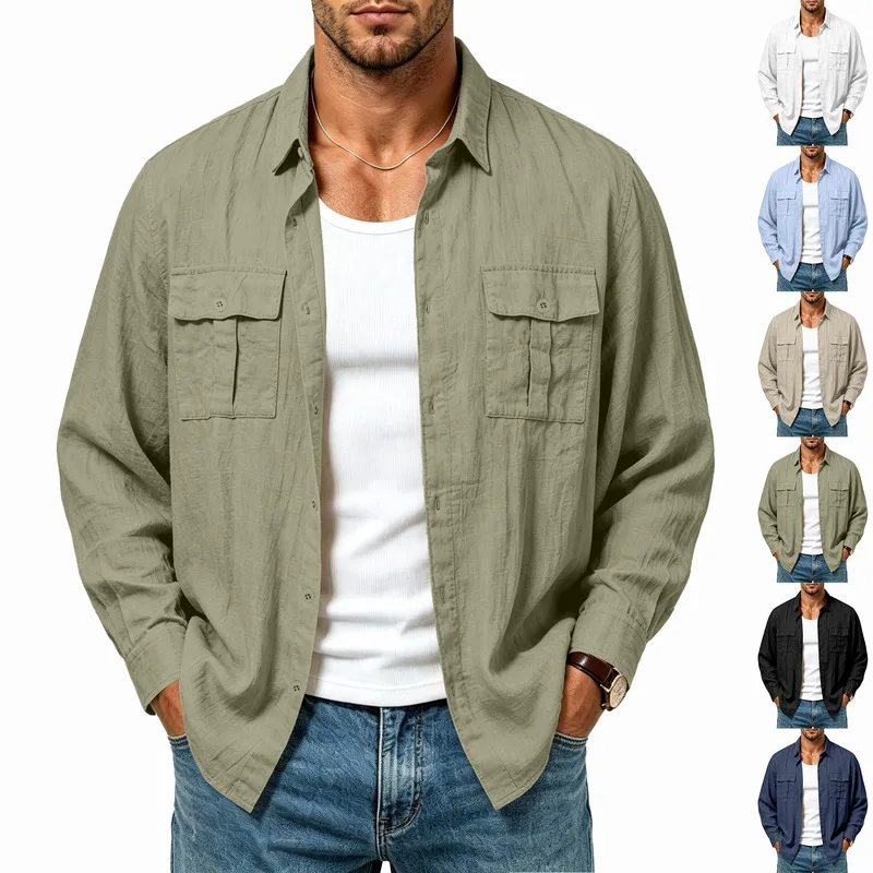 Men Linen Multi Pocket Jacket Fashion Vacation Casual Loose Turn Down Collar Long Sleeve Shirt Daily Wear Outdoor Commute Versat