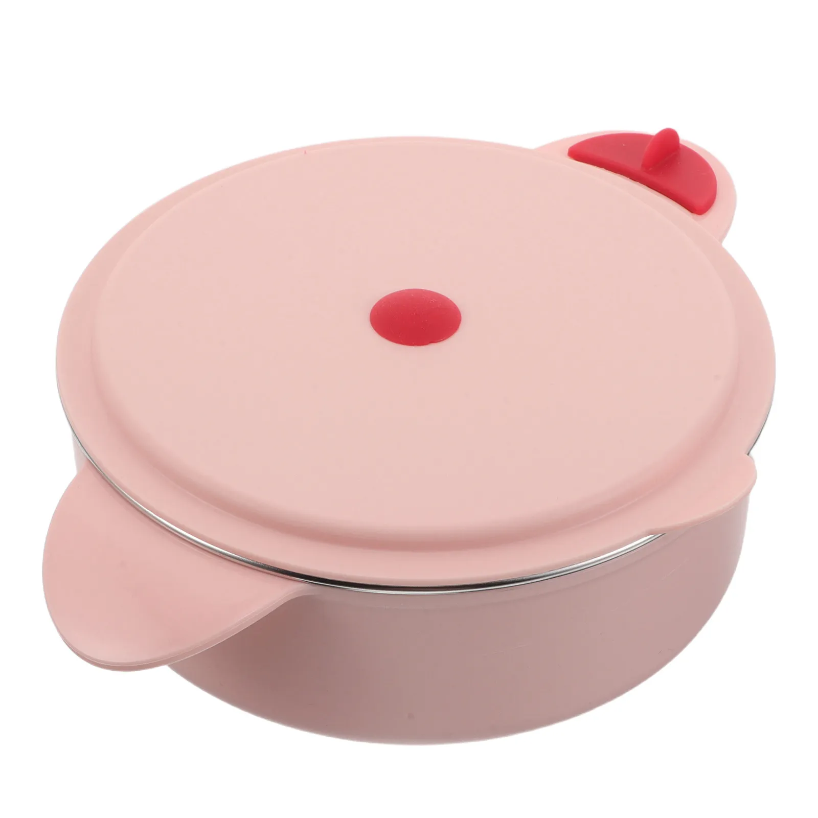 ステンレス製、ピンク色の子供用食器。蓋付きで滑り止め加工が施され、仕切り付きの幼児用プレート。吸盤付きで、赤ちゃんが食べやすいように設計された食品容器。