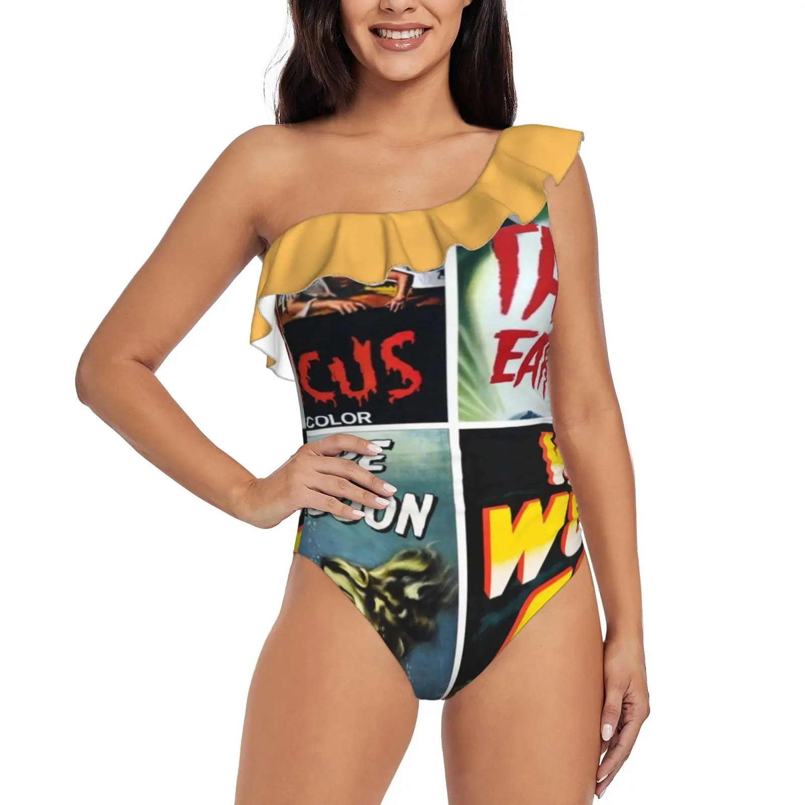 Sci-Fi Movie Poster Collection #6 One Shoulder Ruffle Swimsuit Print Swimwear Female One Piece Monokini Bathing Suit Sci Fi