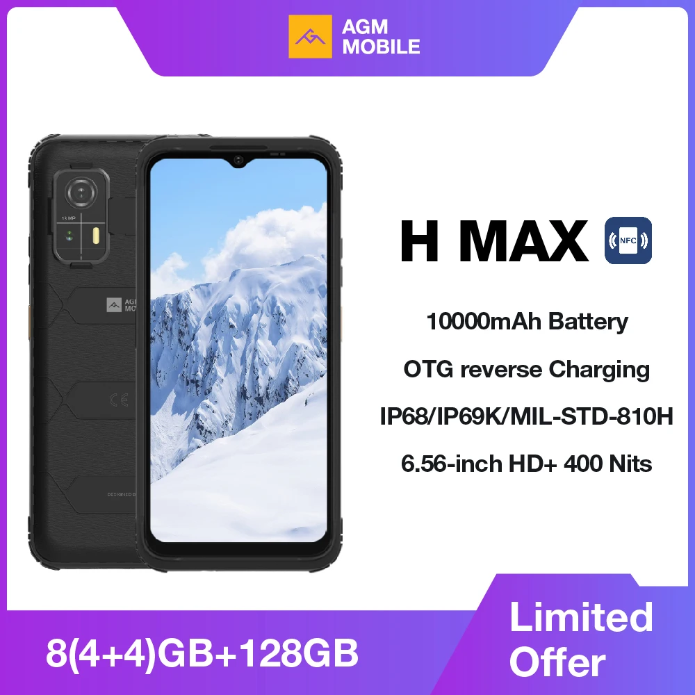 AGM H MAX 견고한 스마트폰, 10000mAh 배터리, 4 + 128GB HD + 디스플레이, 카드 슬롯 3 개, NFC OTG 역방향 충전 방수, 월드 프리미어 