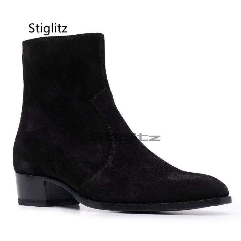 British Style Frosted Chelsea Boots for Men Black Suede High Top Slip On Ankle Boots Casual Dress Business Male Winter Shoes