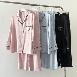 Luxury Satin Pajamas Suit Women Embroider V Sleepwear Loose Loungewear Jacquard Bow Shirt&pants Summer Trousers Set Nightwear