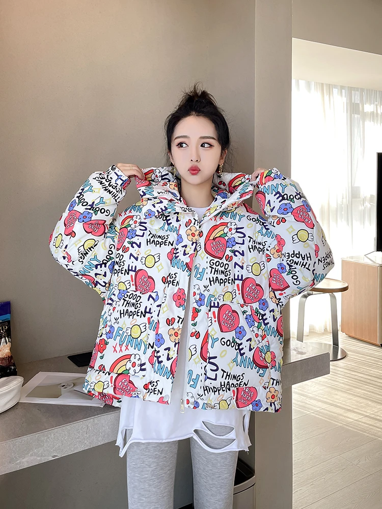 

Новинка зимы 2029, короткая пуховая хлопковая куртка с принтом Харадзюку, женская мода, свободное теплое пальто с хлебом, женское ropa de invierno mujer