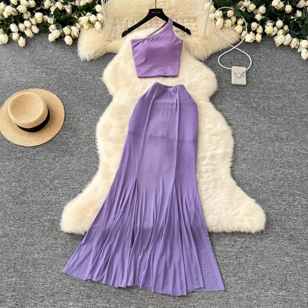 Summer Pure Lust Suit, Feminine One-shoulder Camisole with Breast Pads + High-waisted Slim-fitting Ruffled Skirt Two-piece Set