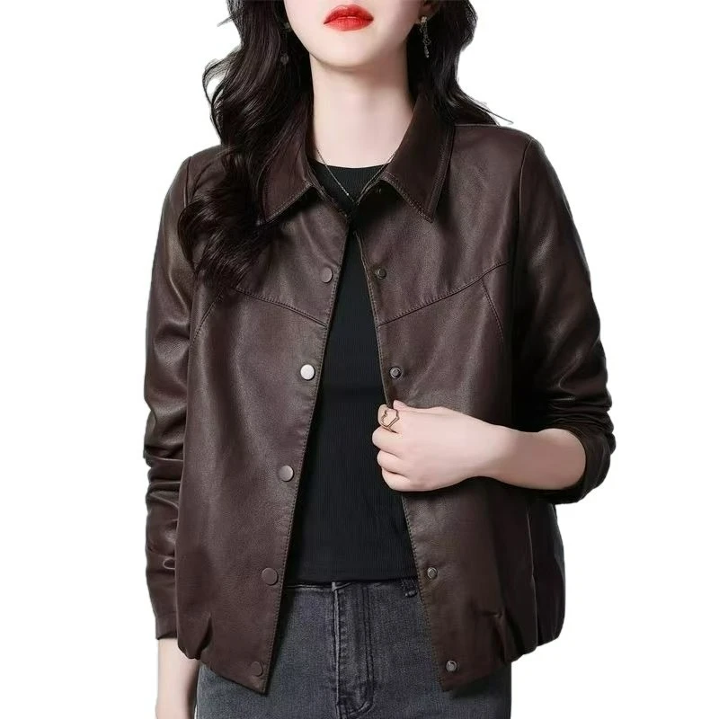 2026 Spring Autumn New Single-breasted Leather Jacket Single-lining Leather Women Slimming Motorcycle Women Short Leather Coat