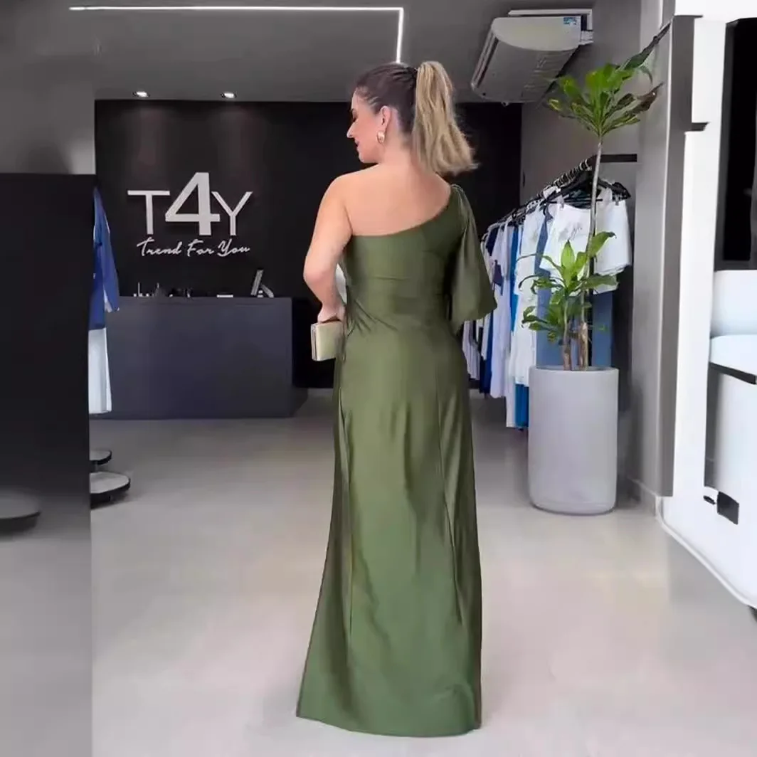 Party Maxi Dress Summer Women Fashion Solid One Shoulder Long Sleeve Cut Out Irregular Pleated Nipped Waist Slit Dress