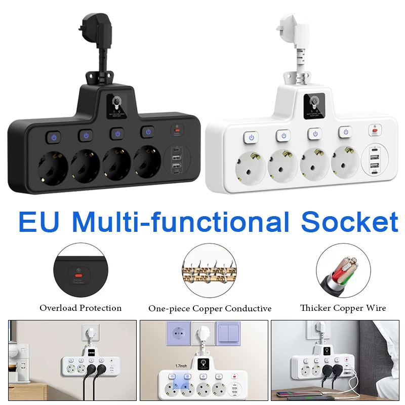8 IN 1 Multi-functional Desktop Power Strip with Smart Night Light 4 AC Outlets 2 * USB-A 2 * Type-C Independent Switch Control
