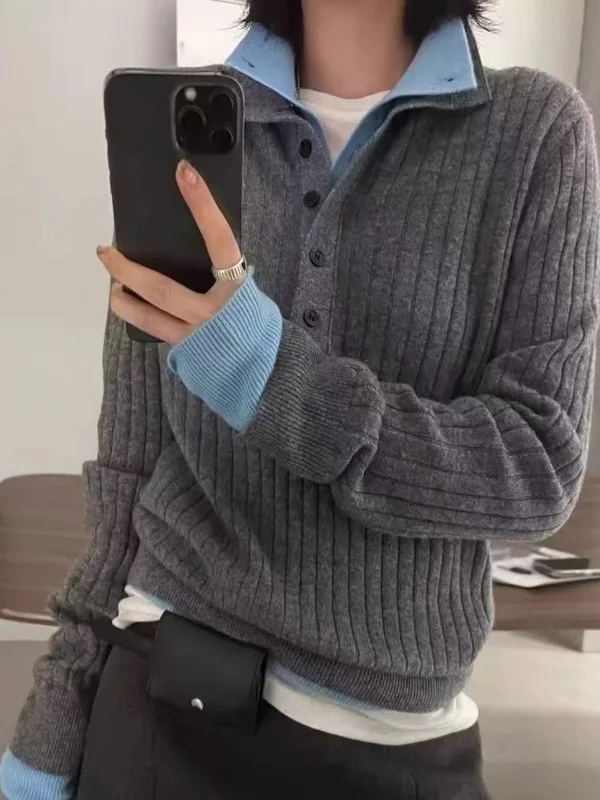 

Casual Striped Fake Two Pieces Wool Knitted Sweater Color Block Polo Collar Women's Fashion Autumn Winter New Pullovers F369