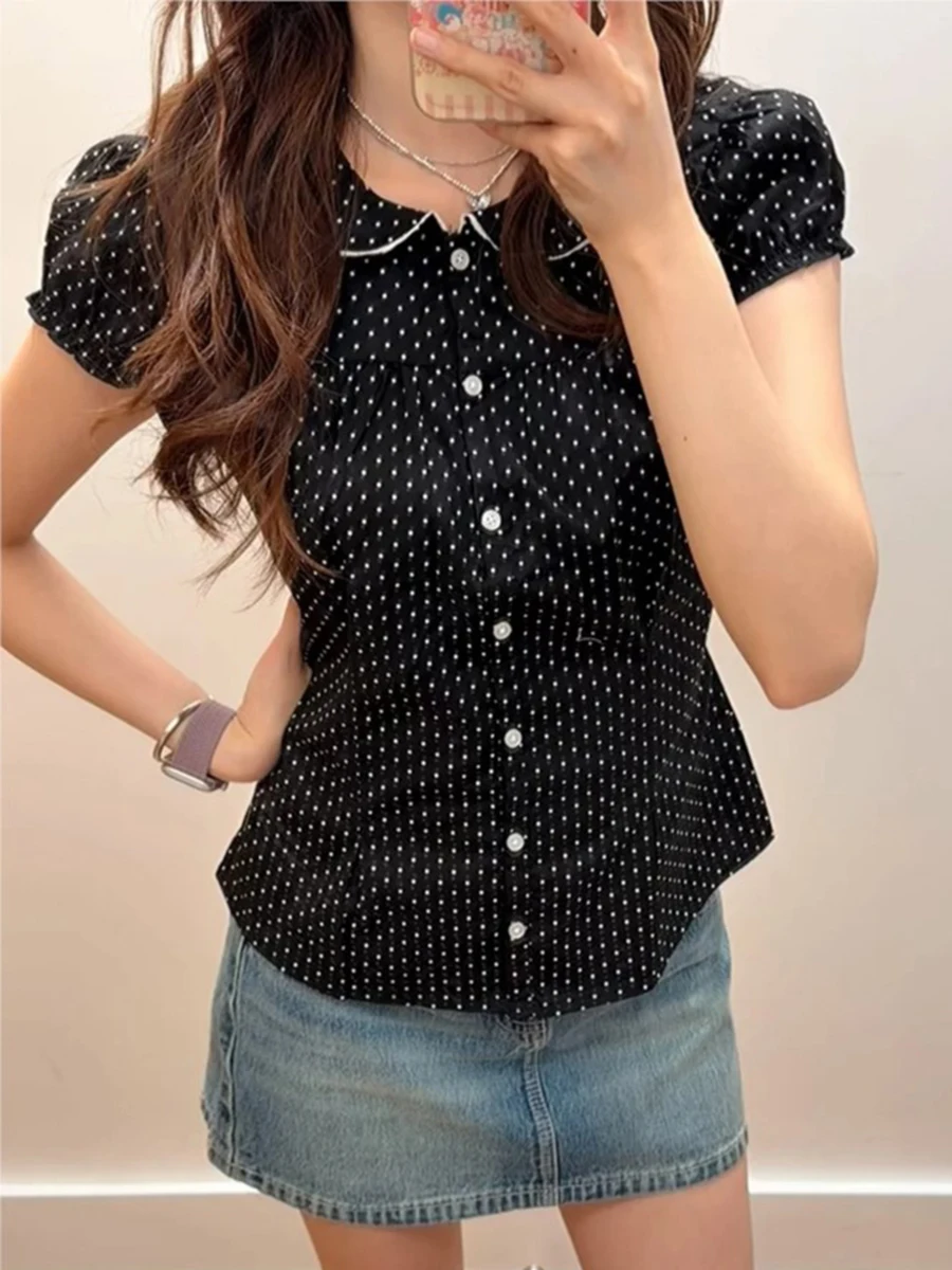 Polka Dot Black Slim Blouse Woman Summer Peter Pan Collar Single Breasted Short Sleeve Tees Casual Sweet Cotton Lace-up T-shirts