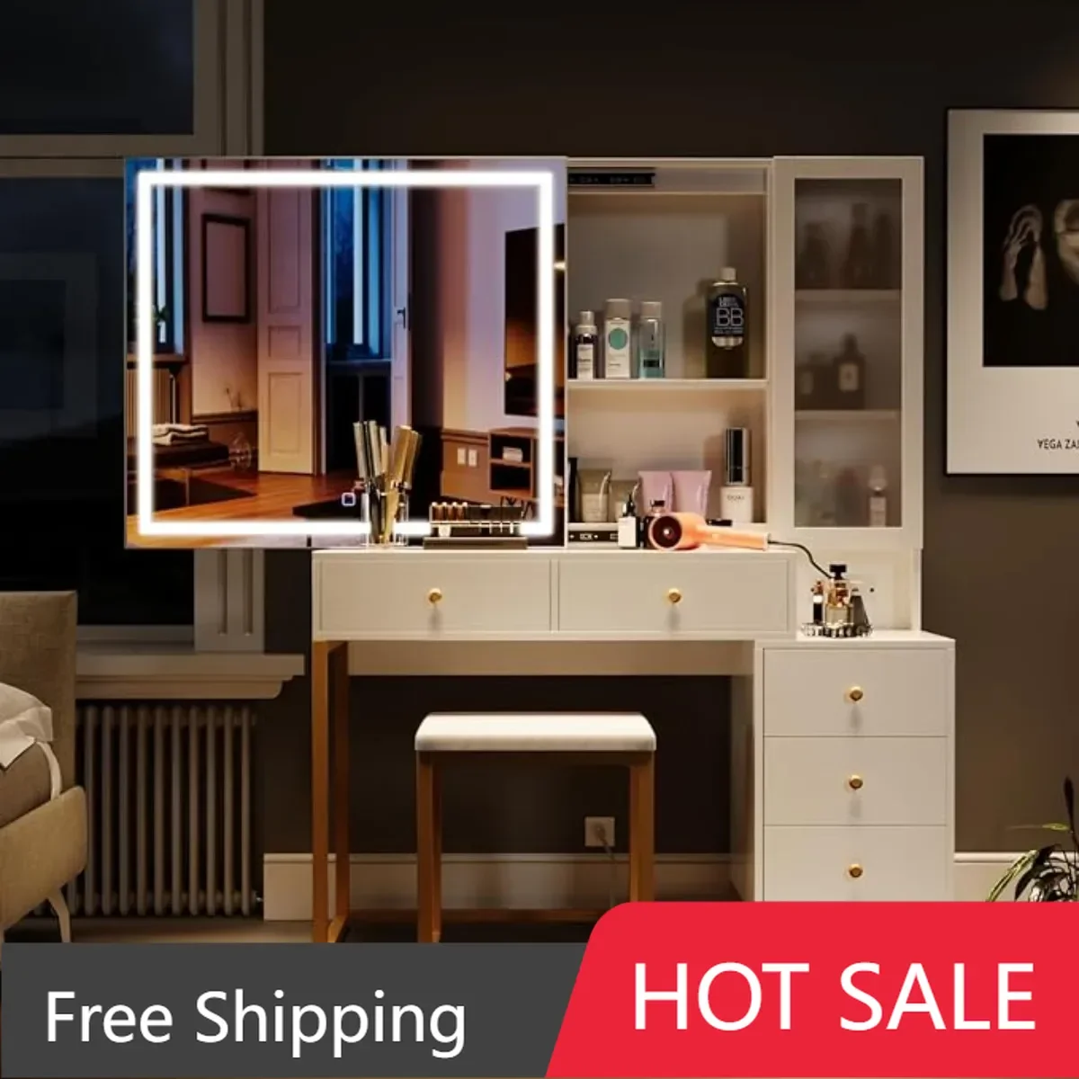 יהירות סט עם מראה מואר ותחנת טעינה, תוספת גדולה איפור שולחן יהירות עם צמר מרופד, לבן וזהב