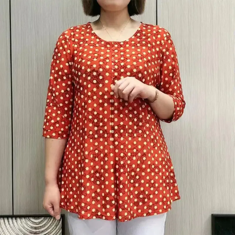 

2023 Casual Vintage Polka Dot Half Sleeve T-shirt Fashion Round Neck Tops Button Summer Loose Female Clothing Commute Pullovers