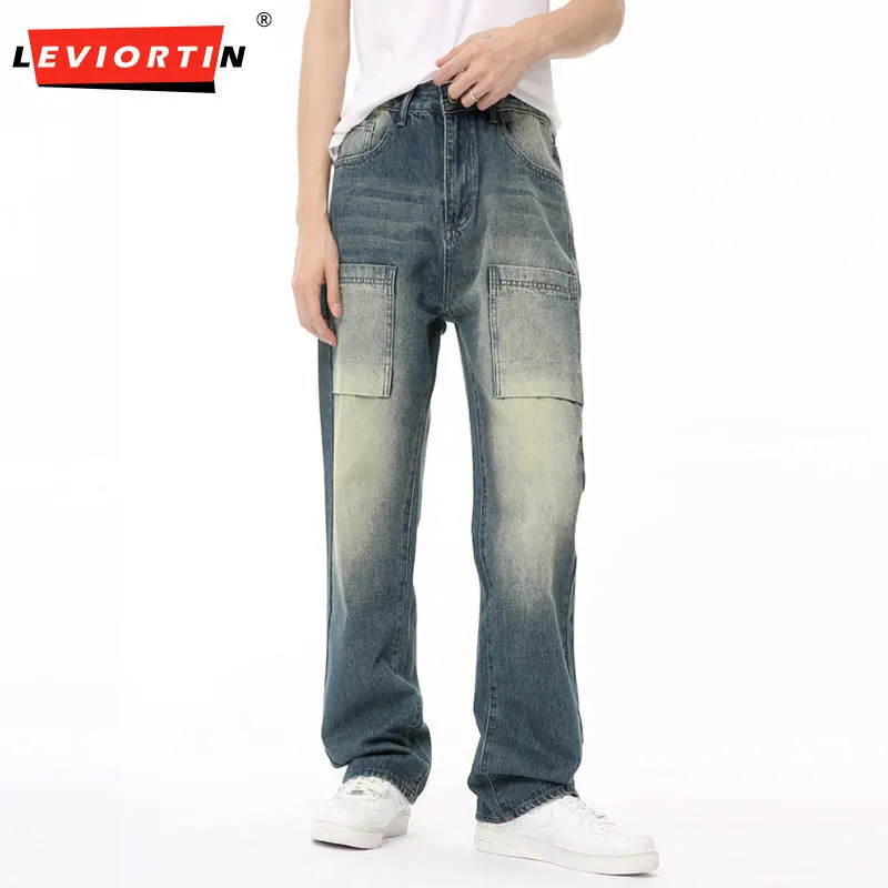 

LEVIORTIN High Street Men Cargo Jeans with Multi Pocket Splicing Design Sensation Trendy Straight distressed Denim Trousers