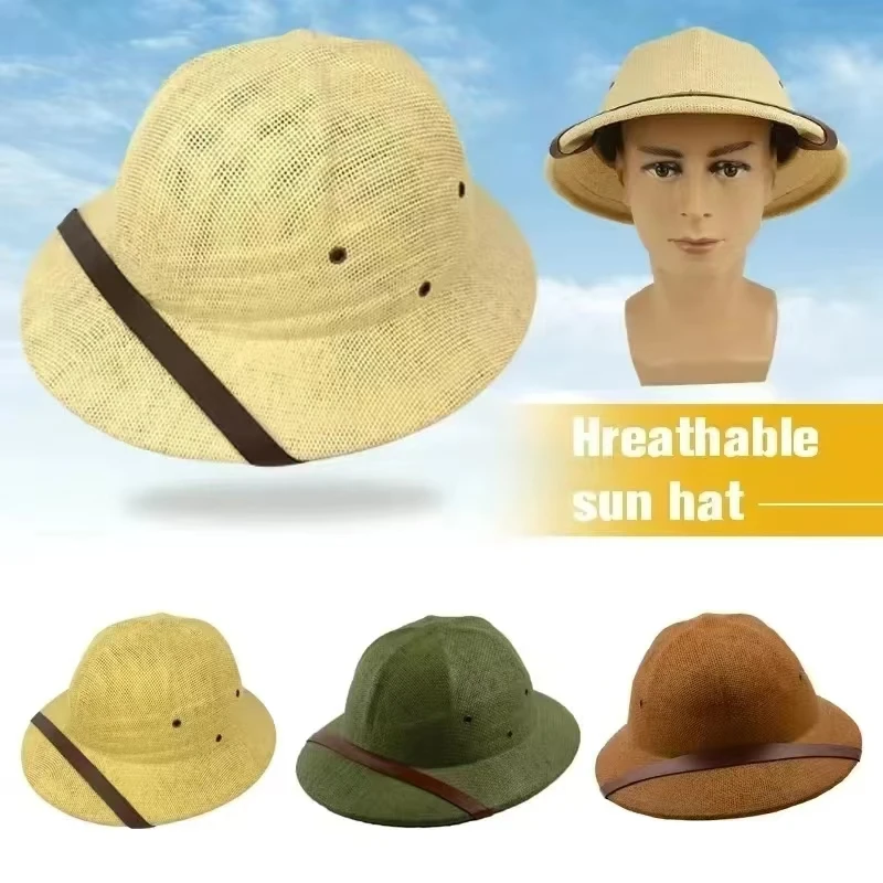 Novelty Men Straw Helmet Pith Sun Hats Men Vietnam War Army Hat Dad Boater Bucket Hats Safari Jungle Miners Cap