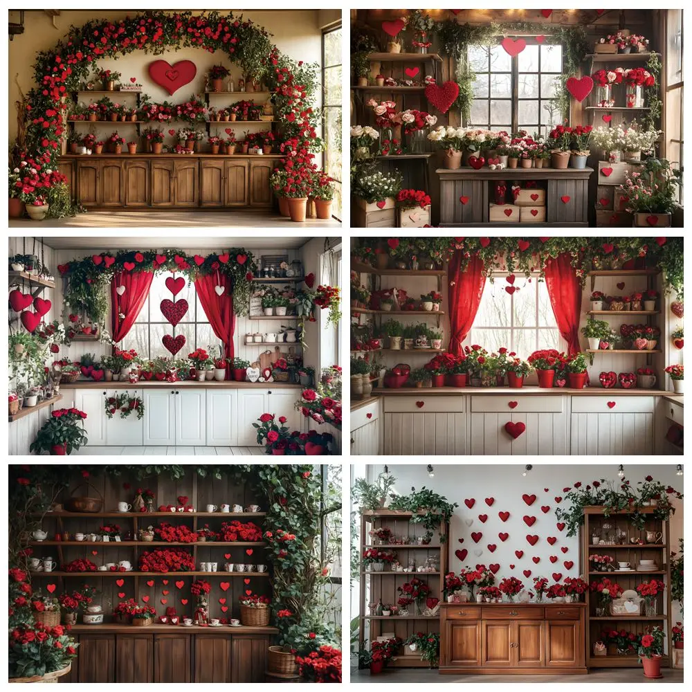 Valentine's Day Backdrop Kitchen Kitchenware Living Room  Flower Pot Shelf February 14th Party Decoration Photography Background