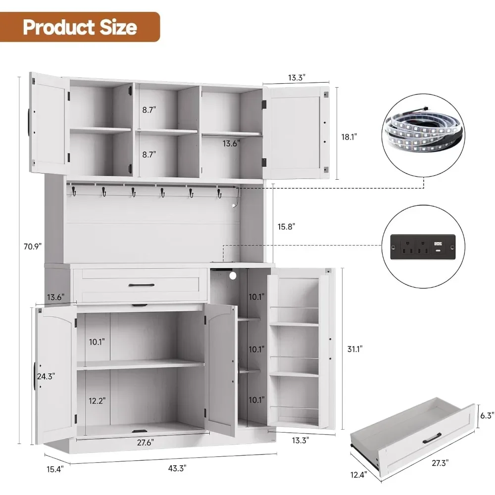Kitchen Storage Cabinet with LED Lighting and Outlet, Pantry Hutch featuring Microwave Shelf and Six Hooks