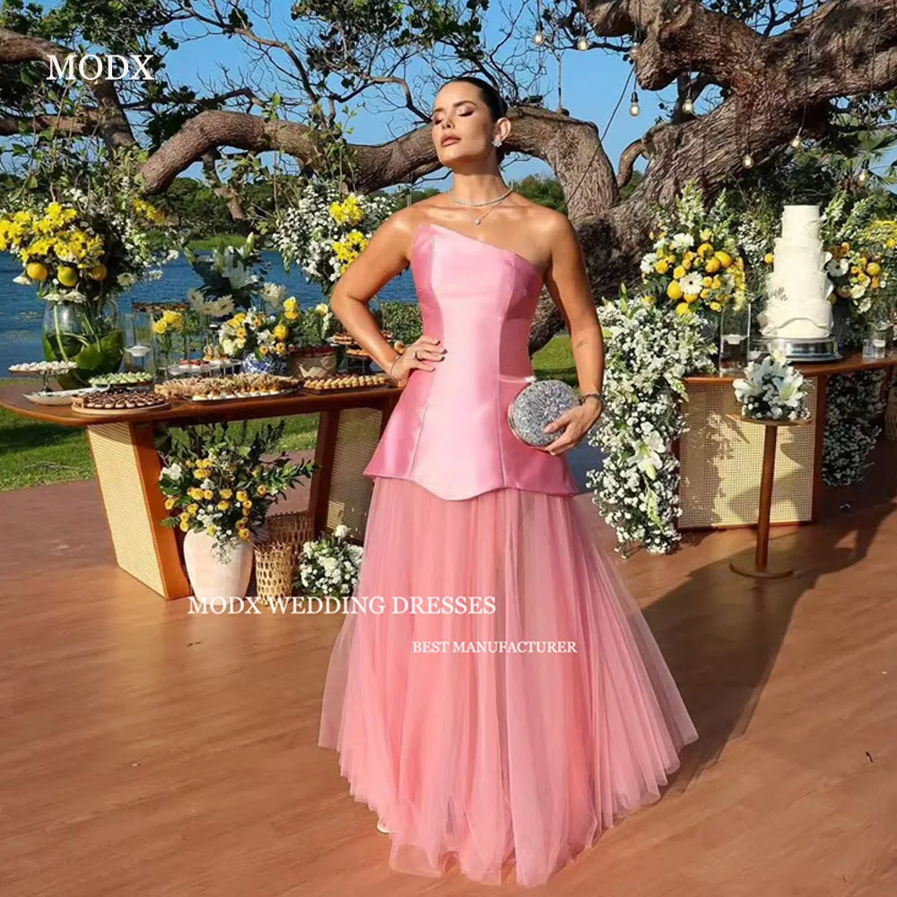 MODX – robe de soirée en Satin rose Simple, épaules dénudées, gaine, ourlet en Tulle, arabie saoudite, robe de bal formelle pour femmes, personnalisée
