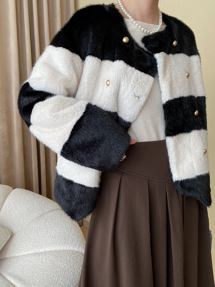 Color-block Stripe Big Size Warm Faux Fur Jacket New Round Neck Long Sleeve Women Coat Fashion Autumn Winter 2023 O732