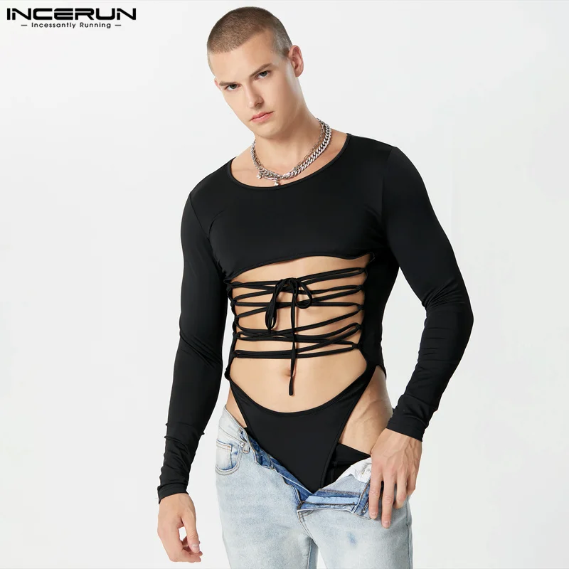 

INCERUN 2023 Sexy New Mens Loungewear Jumpsuits Stylish Cross Tie Design Rompers Male Leisure Solid Long sleeved Bodysuits S-5XL