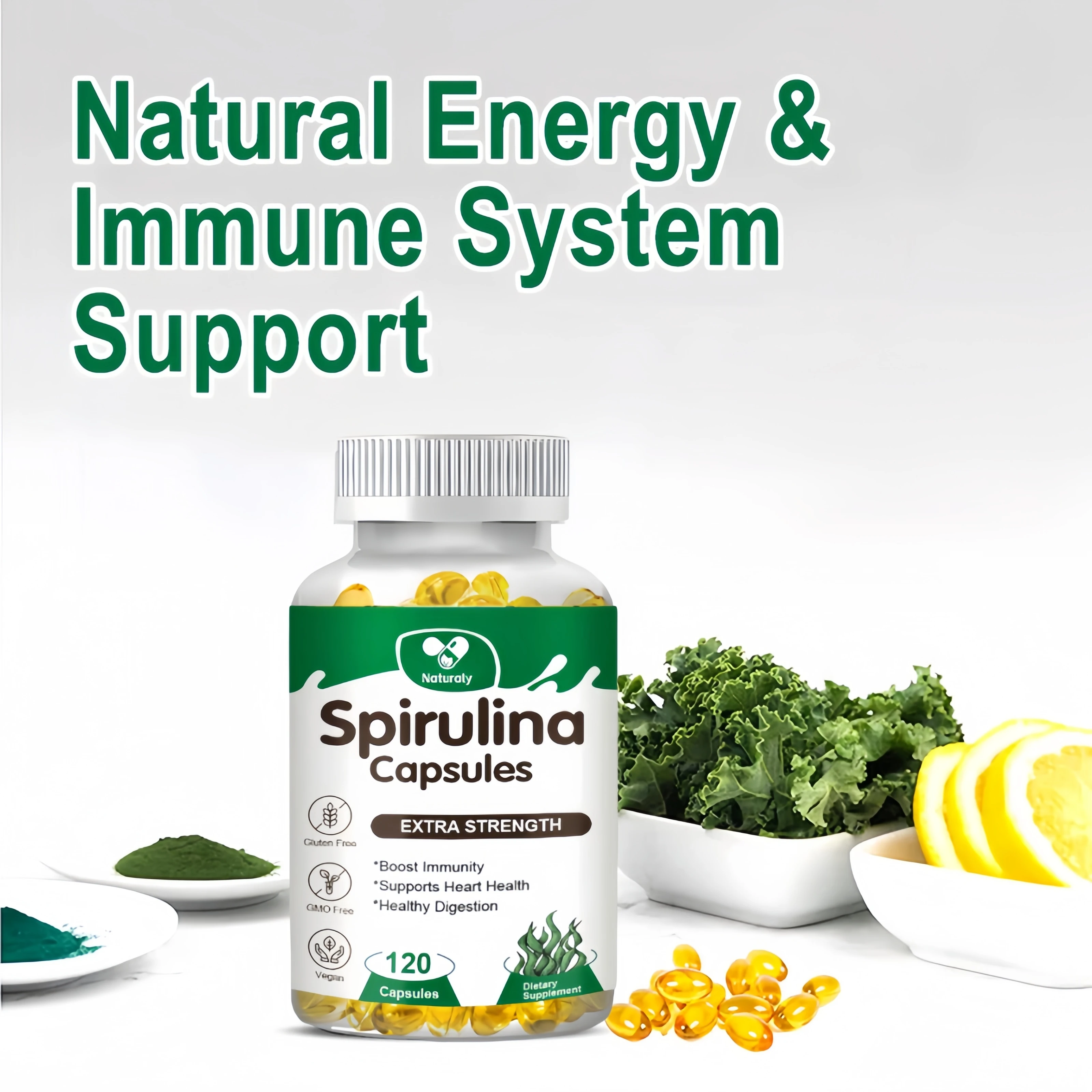 Spirulina Capsules  Maximum Strength Supports Immune System, Heart, Cells and Energy