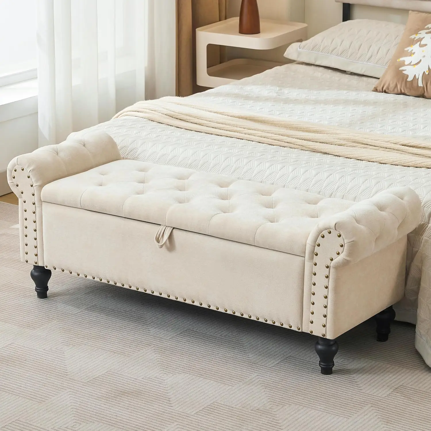 Chenille Storage Ottoman Bench, Large Capacity End of Bed Seat for Bedroom Living Room Entryway, Pet Friendly, 51