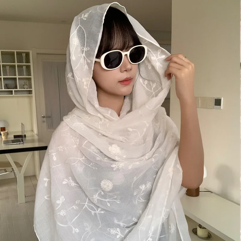 

Lightweight ethnic-style cotton-linen sunscreen summer shawl with hood, casual buttoned beach towel, travel silk scarf, scarf, s