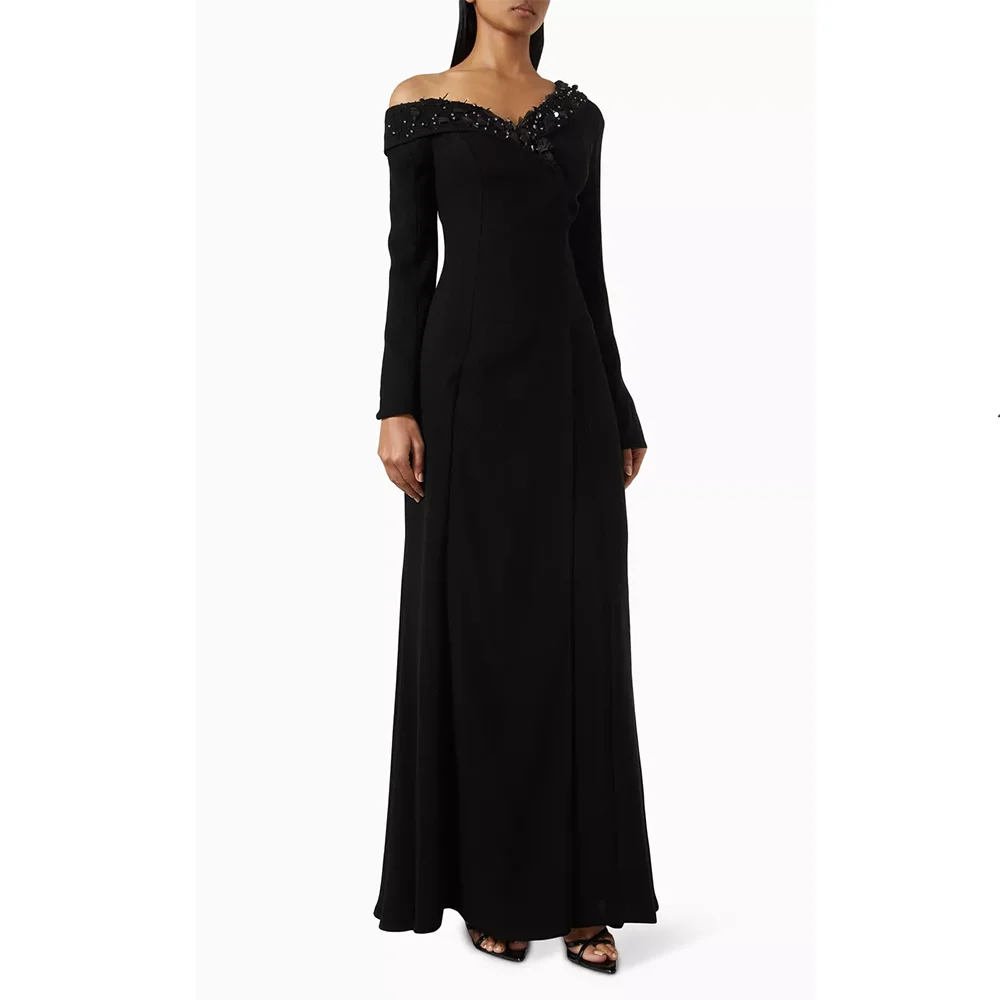 فساتين سهرة طويلة مخصصة أنيقة مناسبة رسمية قبالة الكتف فساتين حفلات سوداء جيرسي طول الكاحل فساتين حفلة موسيقية