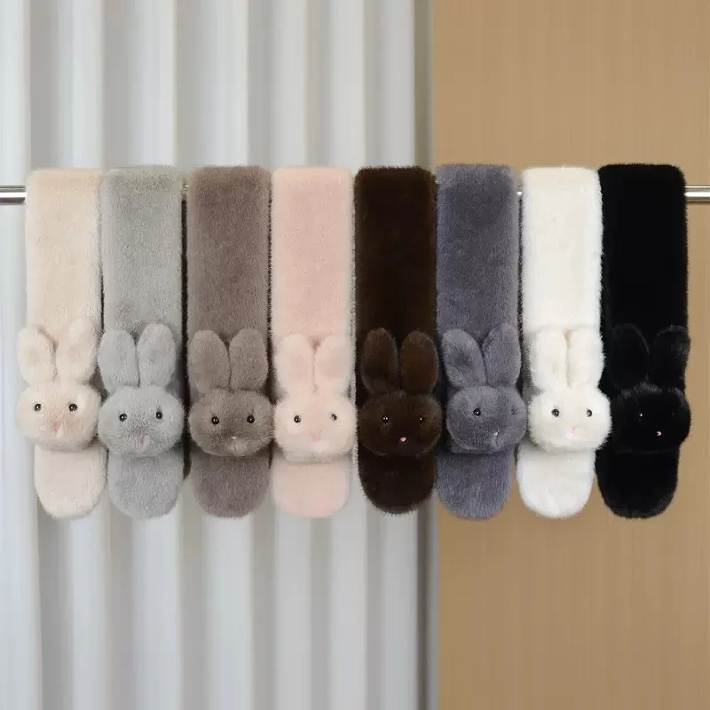 

Boys Girls Winter Scarfs Thick Plush Cross Children's Cute Cartoon Rabbit Faux Fur Neck Protection Warm Shawl Scarf