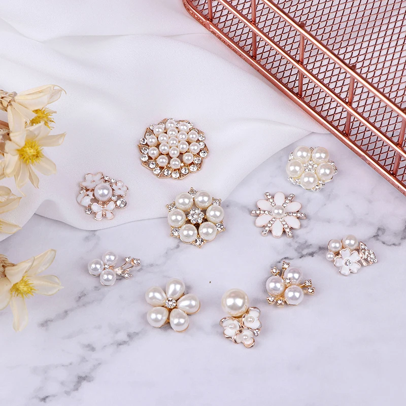 Pearl Rhinestone Embellishments Buttons Flatback Decorative For Handicraft Bowknot Flower Decoration DIY Craft Supplies 10pieces