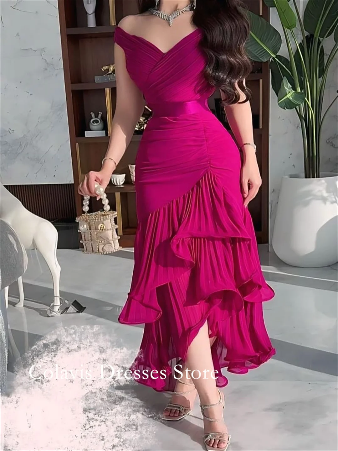 

2025 Индивидуальные шифоновые розово-красные плиссированные платья русалки без бретелек для выпускного вечера Вечернее платье Женские вечерние платья Вечернее платье