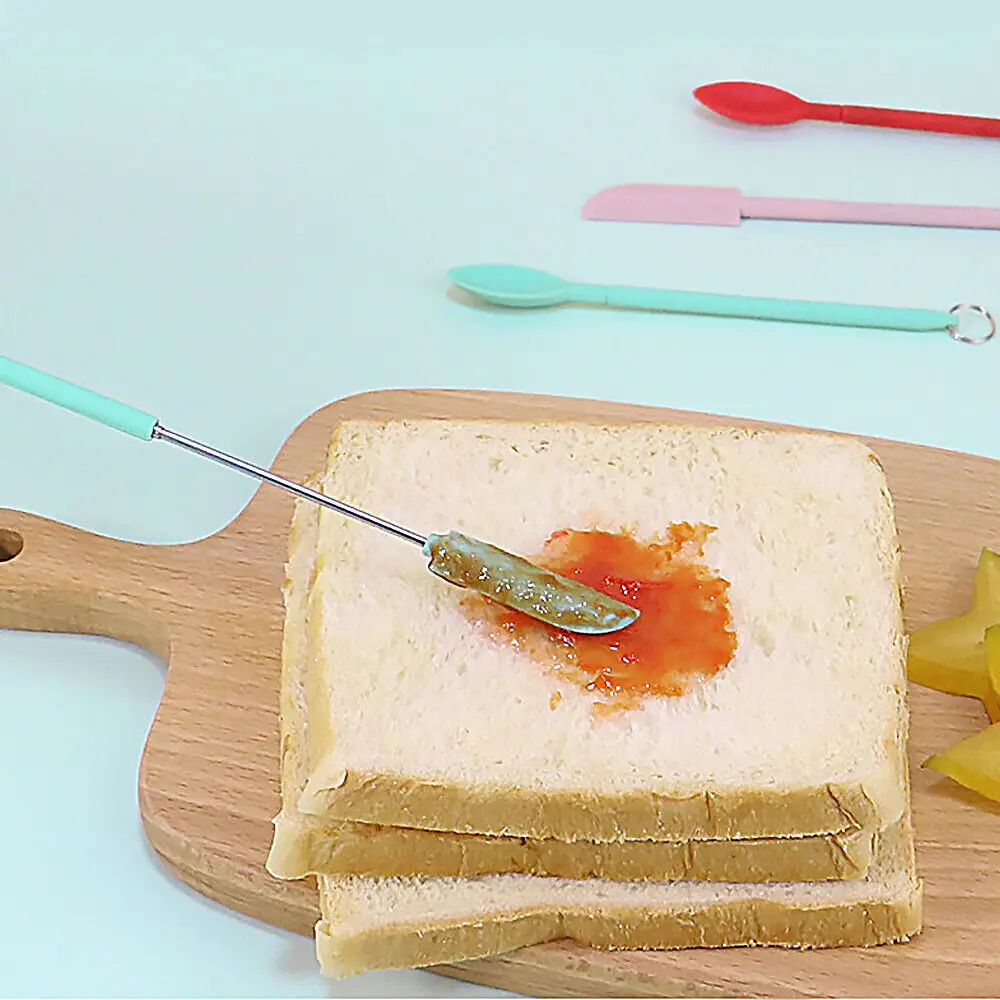 2PCS New Mini Silicone Scraper Set Retractable Lengthened Multifunctional Stainless Steel Jam Baking Spatula Small Scraper