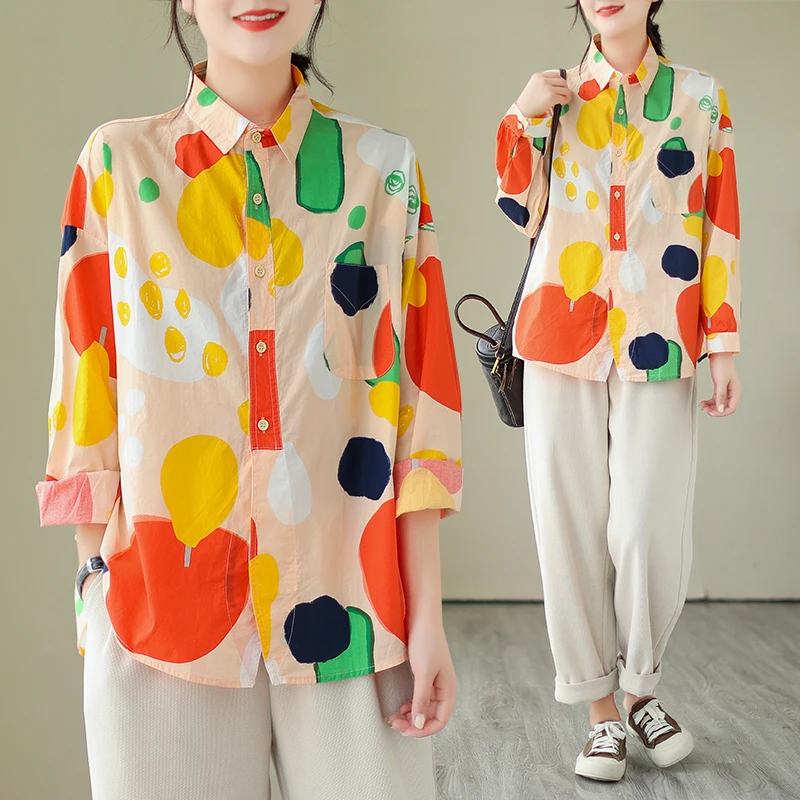 

plus Size Women's irt fiti Print Hem Artistic Commute Sle Long Sve Collared Top Casual Faion Spring Autumn