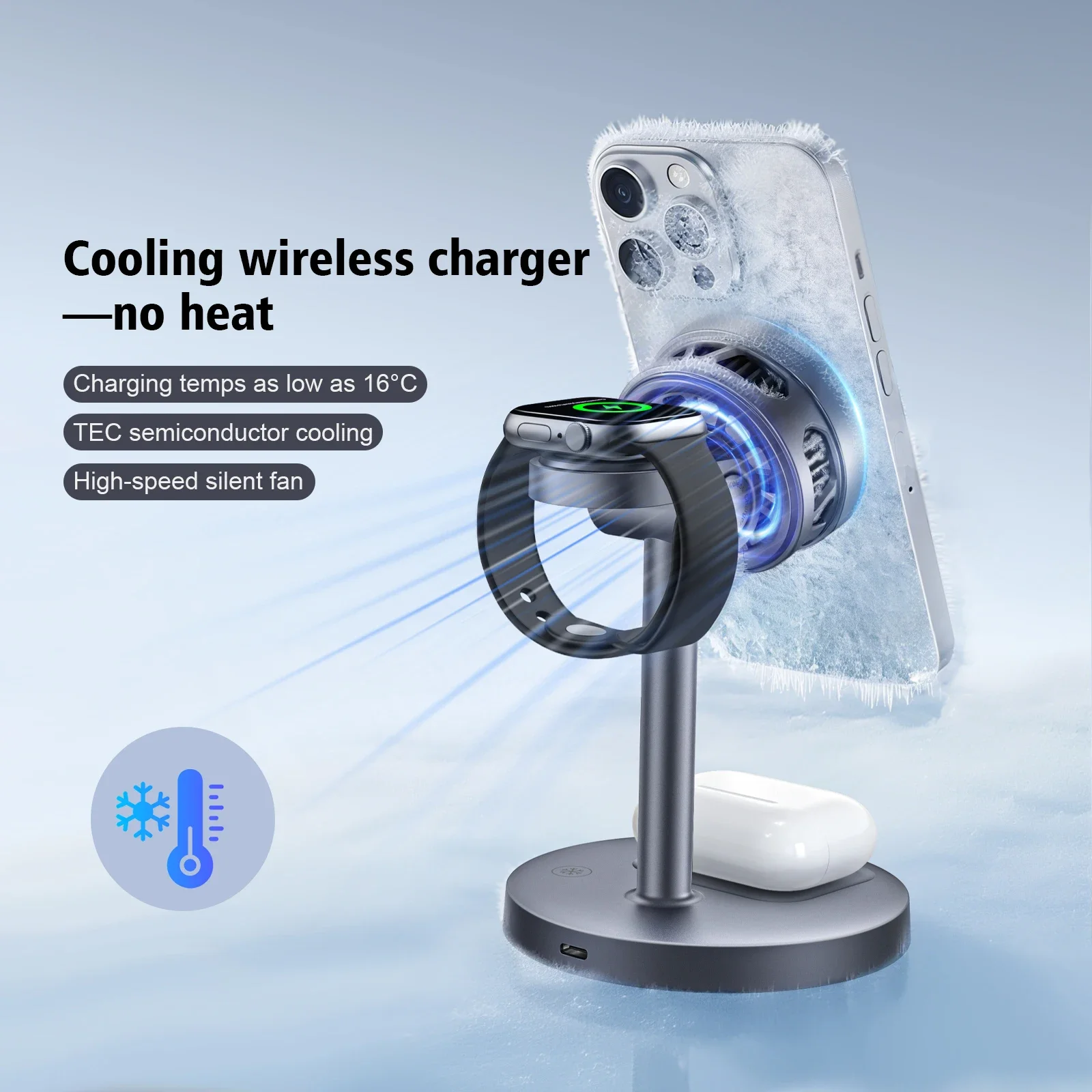 2025 3 في 1 حامل شاحن لاسلكي مغناطيسي TEC تبريد Qi2 شحن سريع لهاتف iPhone 17 16 15 Pro Max Apple Watch 2-8 SE Airpods