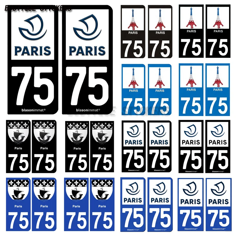 

2Pcs Autocollant plaque d'immatriculation française noir bleu 75 paris eiffel logo - Ville Autocollants voiture PVC
