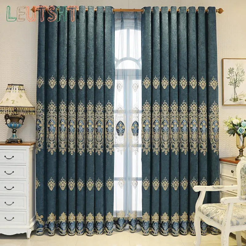 

European Curtains for Living Dining Room Bedroom Curtains Blue High-end Villa Study Chenille Embroidery Curtains tulle Custom