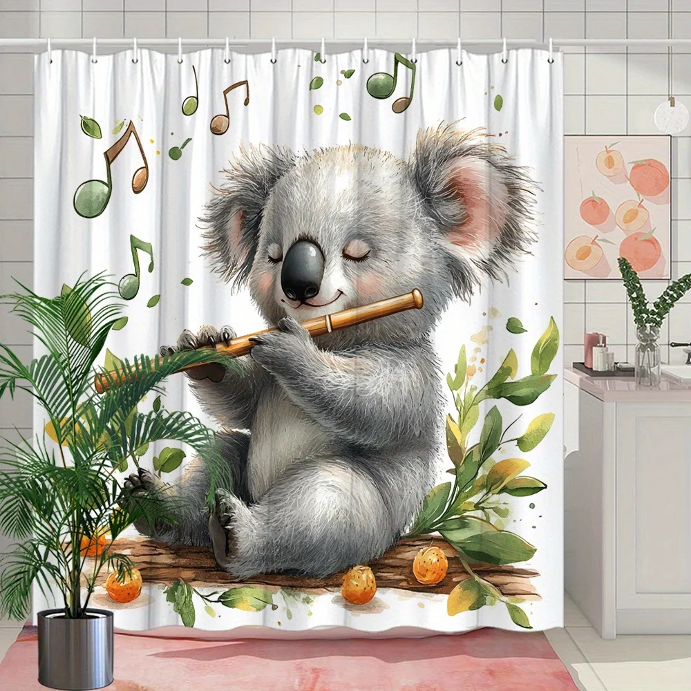 Cute Koala Bear Playing Flute Shower Curtain Bathroom Decor Cartoon Music Shower Curtain Waterproof