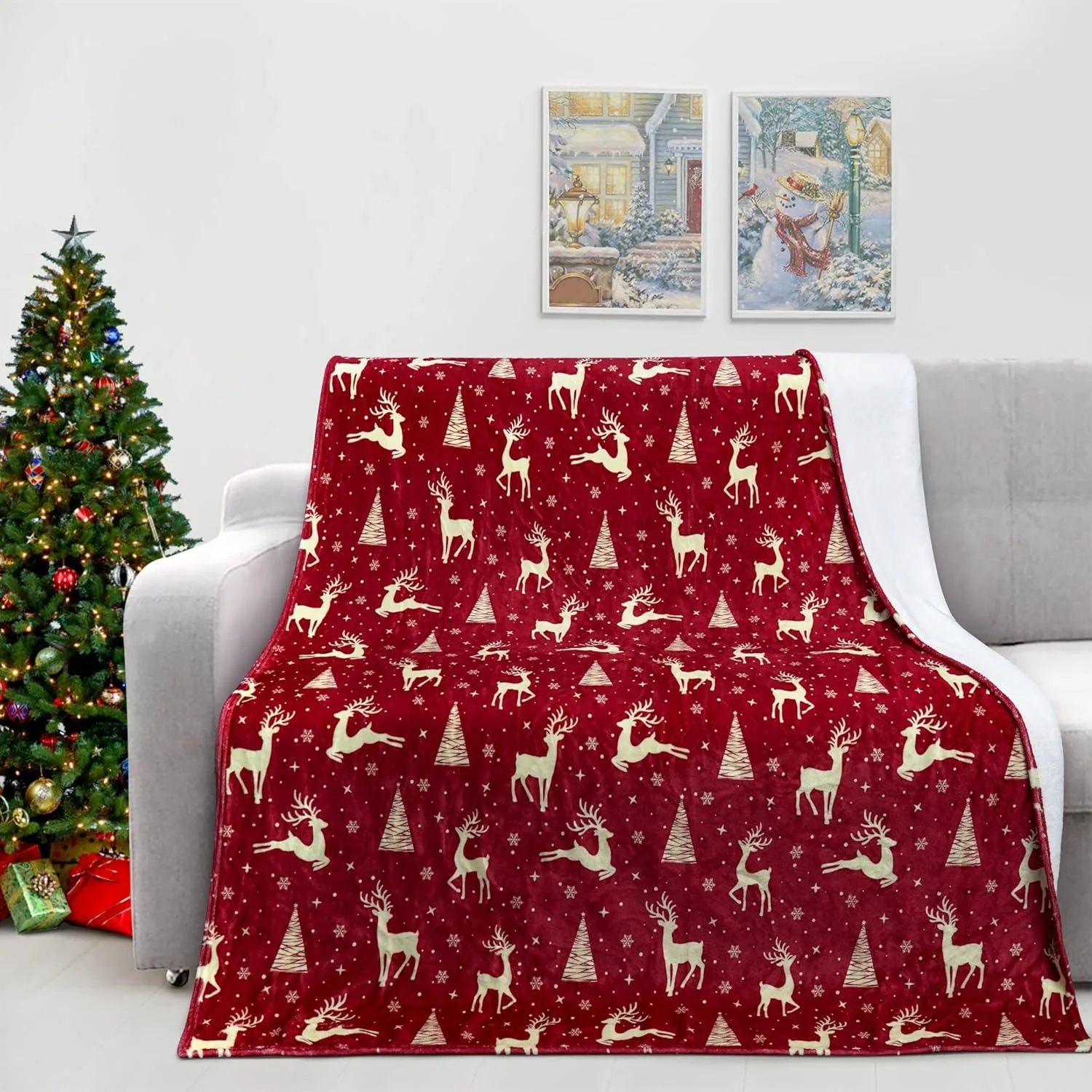 1PC Christmas Theme Throw Blanket Reindeer pattern Red throw Thin Blanket Gifts for Couch Bed Car Home Camping all season use