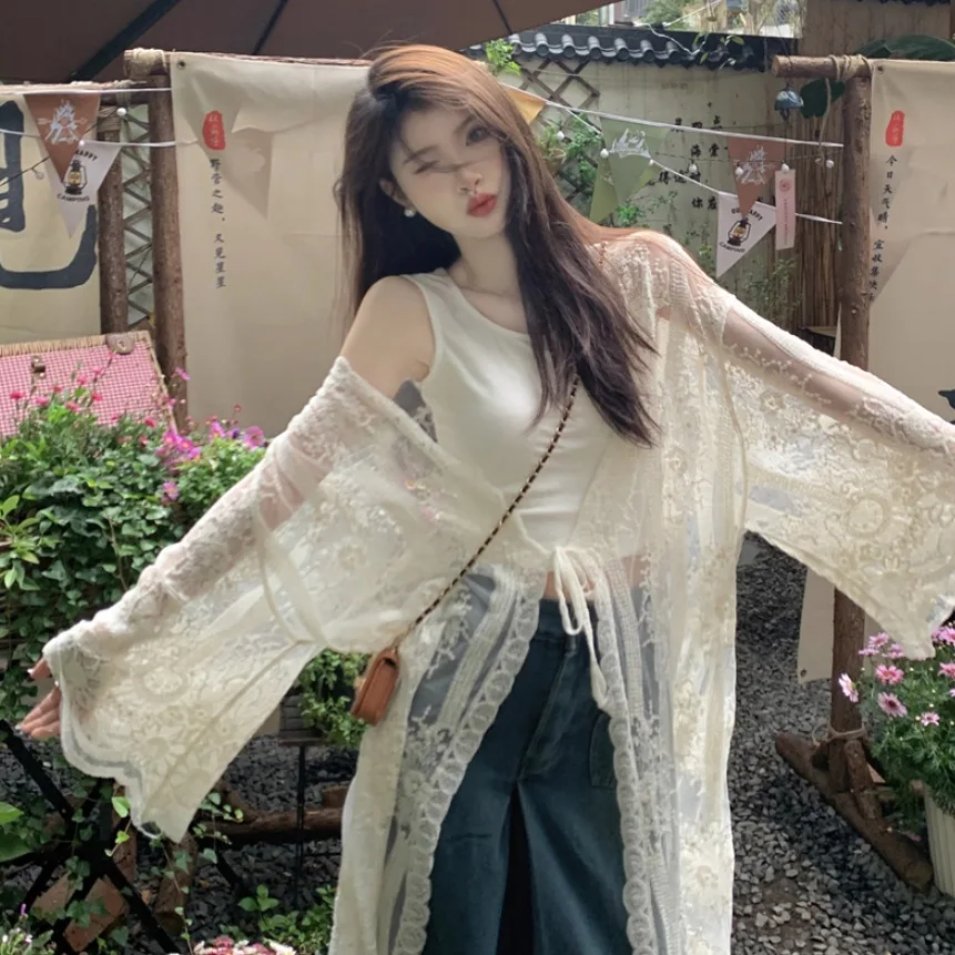 

French Crochet Embroidered Lace Shirt for Women's Summer Vacation Style Seaside Sun Protection Clothing Sheer Outer Cover