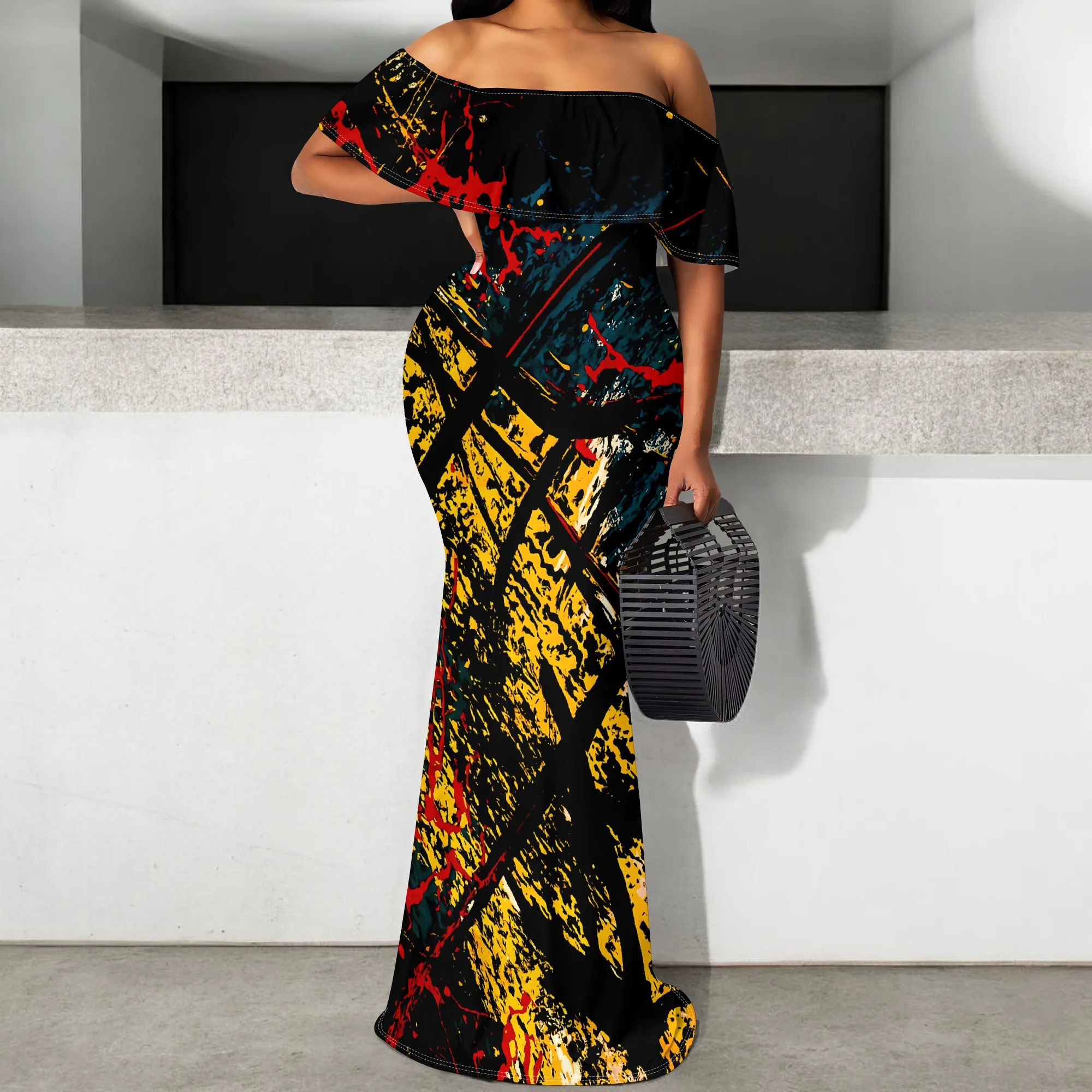

Women's Off Shoulder Abstract Print Maxi Dress S-3XL Elegant Bodycon Party Gown 2025 New Arrival