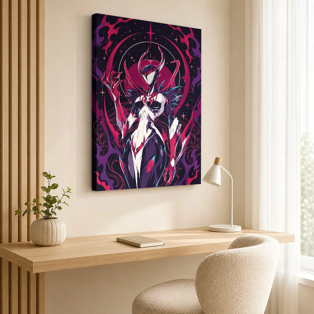 Warframe Horned Figure In Flames Framed Canvas Poster Customized Photo Red And Black Wall Art For Home Office Game Lover Gift