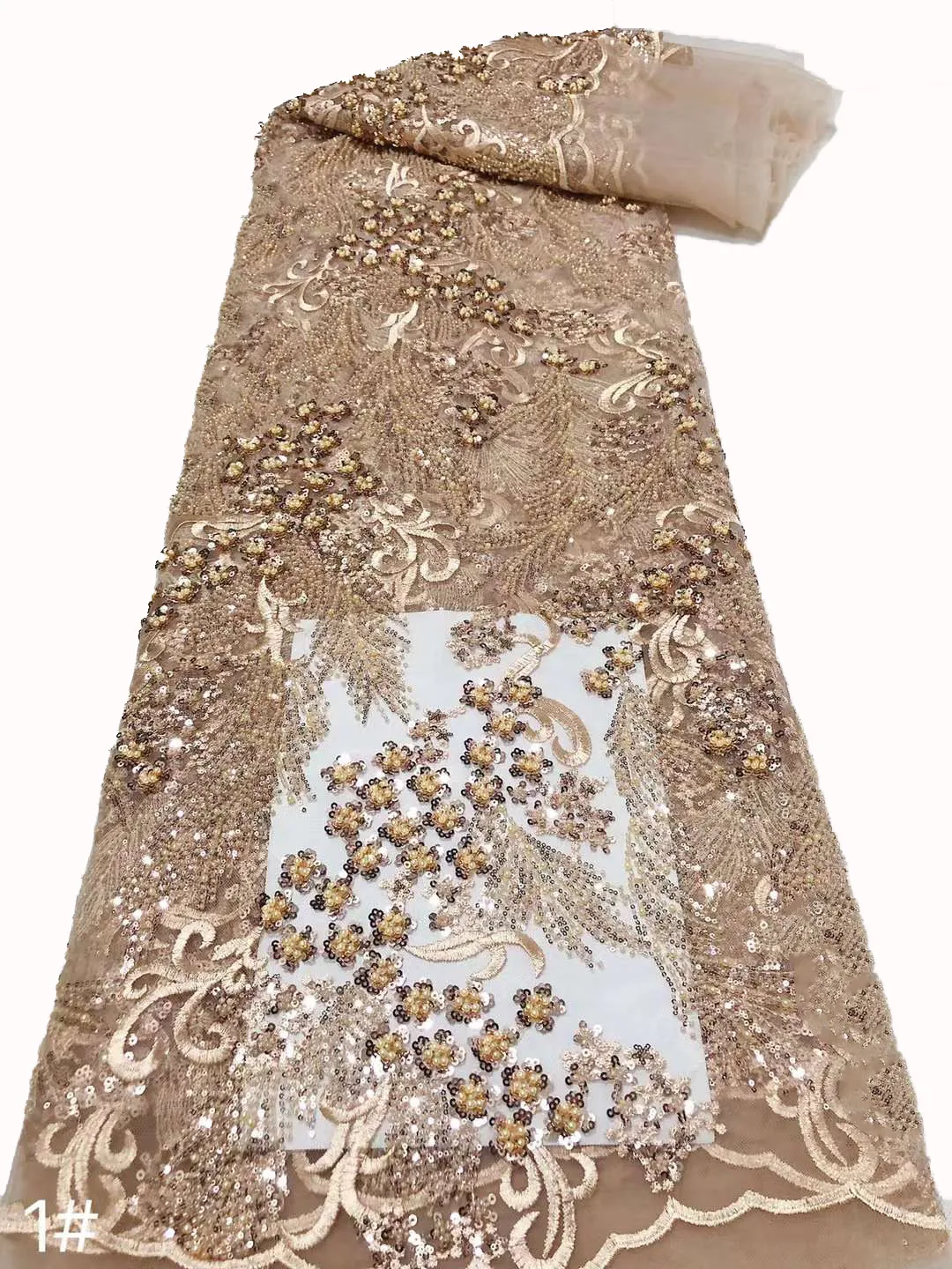 

High quality French embroidery tulle lace fabric, European and American fashion beaded sequin sewing wedding party dresses