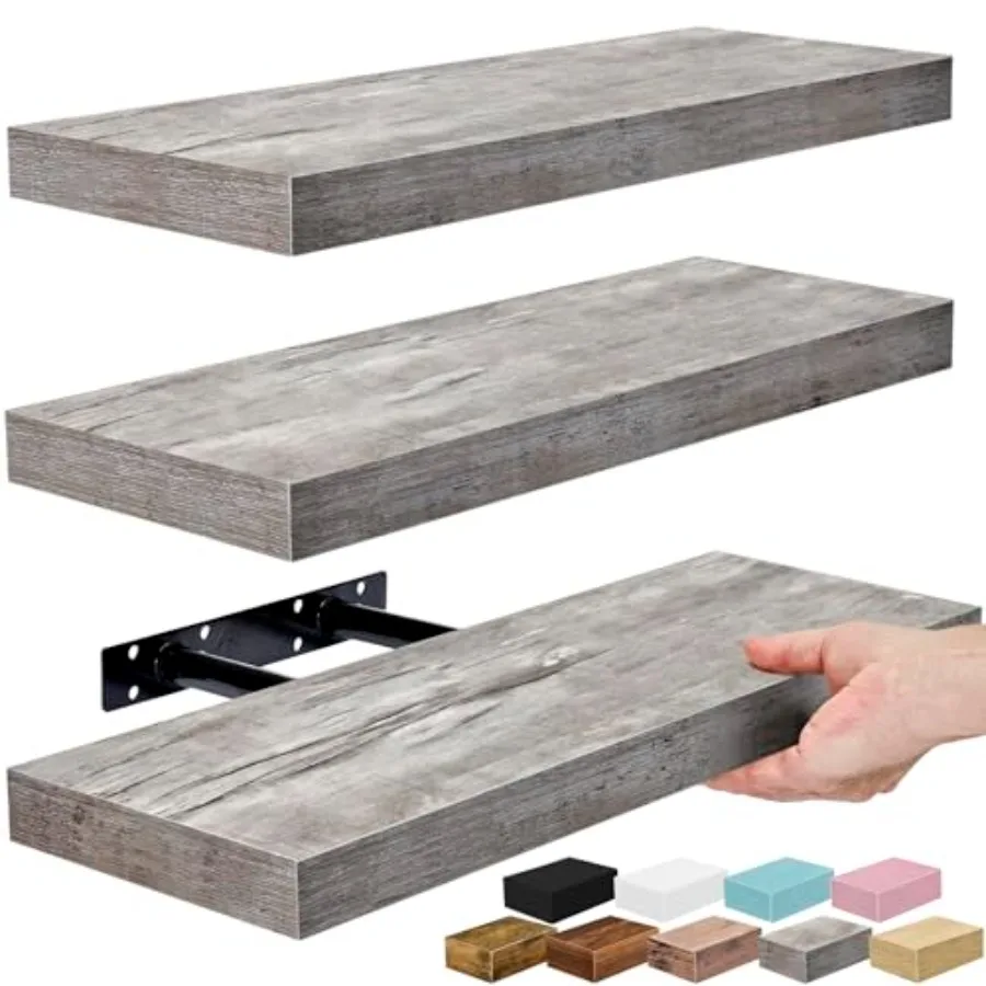 

16 Inch Floating Shelves for Kitchen Bedroom Living Room Bathroom Home Wall Decor - Invisible Bracket Mounted Grey 3 Pack