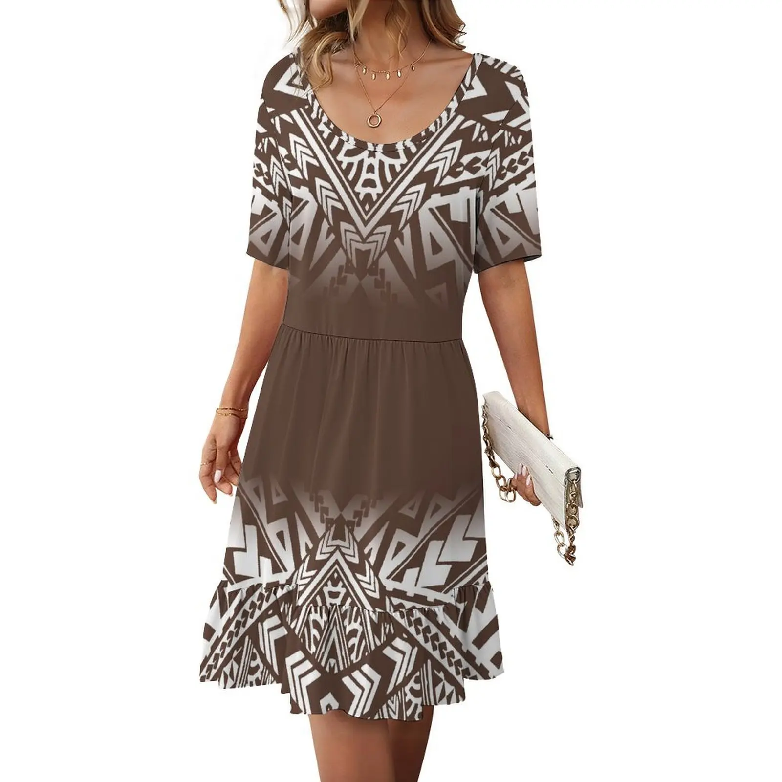 فستان نسائي فضفاض غير رسمي ومريح برقبة دائرية وأكمام قصيرة من القماش الناعم مكشكش مصنوع خصيصًا للبولينيزيا