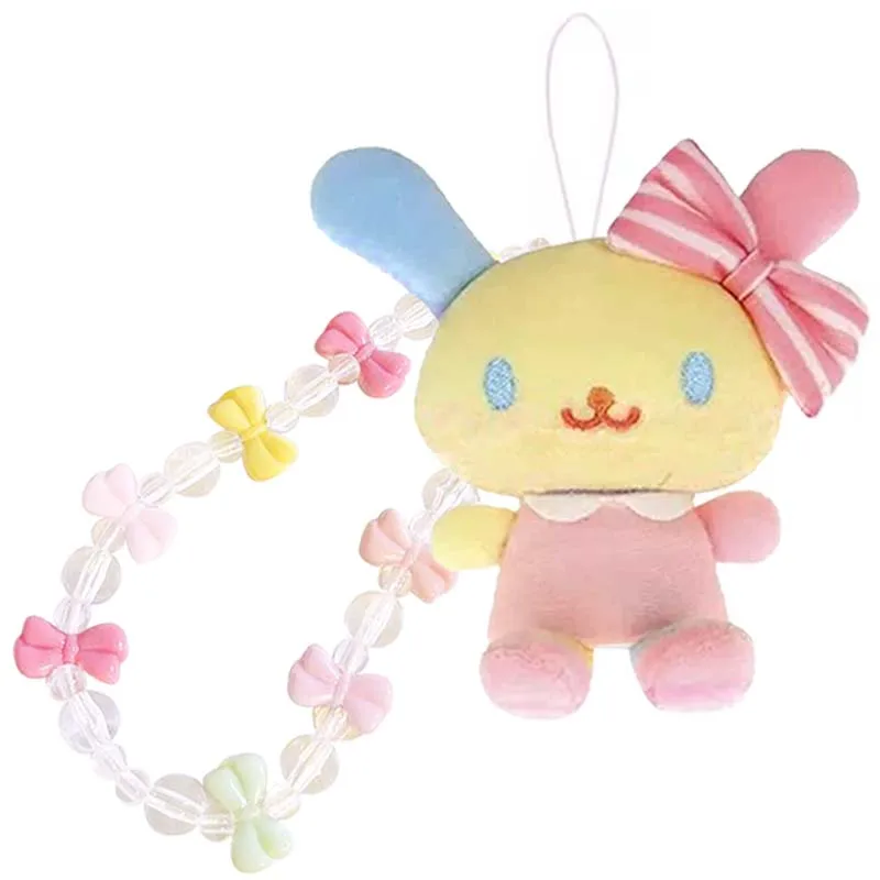 

Cute Pink Usahana Bow Beads Strap Plush Keychain Rabbit Bunny Mascot Keychains Mobile Phone Women Bag Chain Hanged Up Toys Gifts