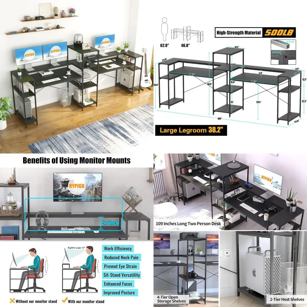 

Extra Long 109 Dual Workstation Desk with Storage Shelves, Printer Shelf, and Monitor Stand