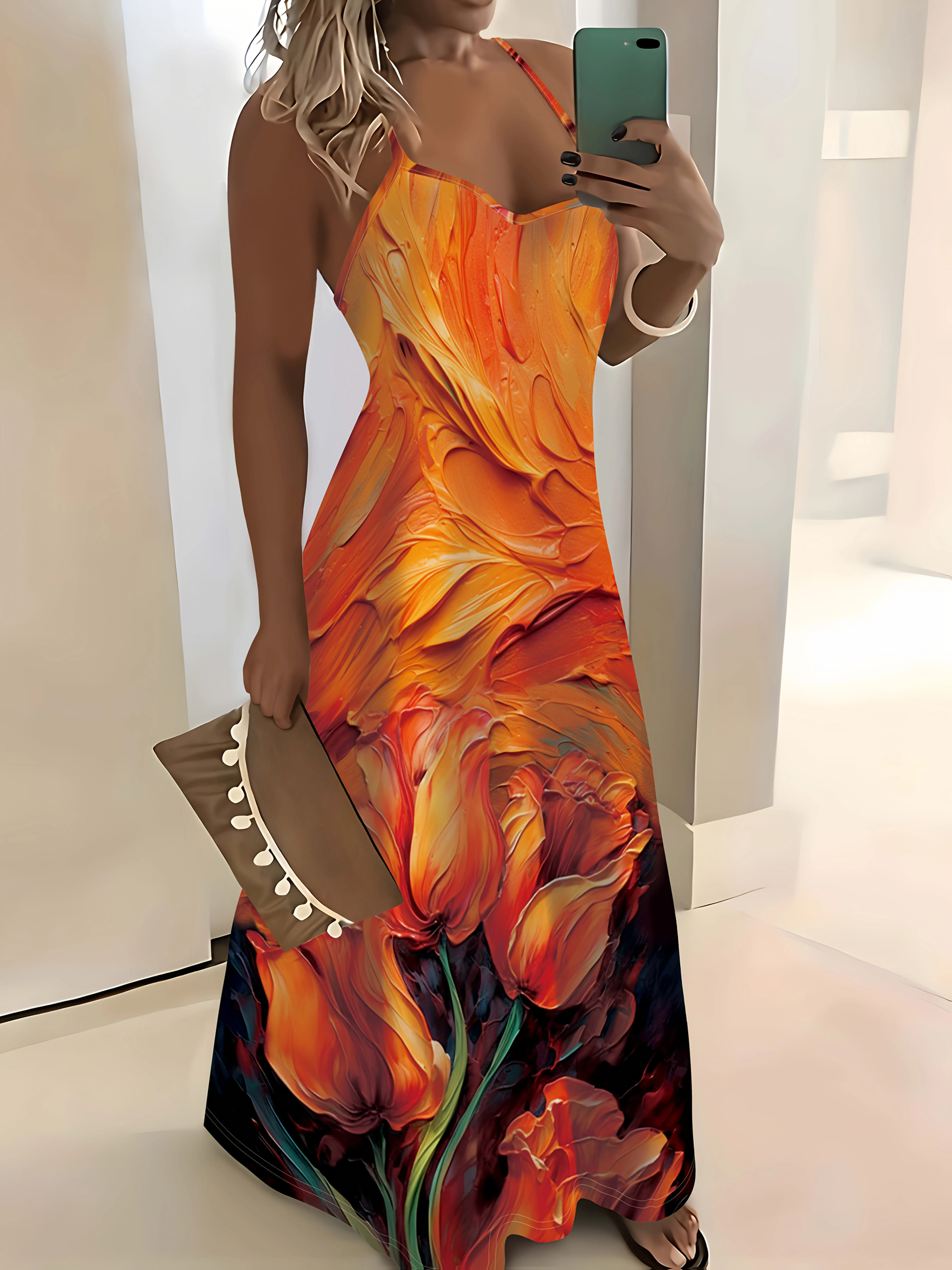 Lässiges Tulpenkleid für Damen, orangefarbener Blumendruck auf schwarzem Hintergrund, Rundhalsausschnitt, ärmelloses Sommerkleid, A-Linien-Schnitt