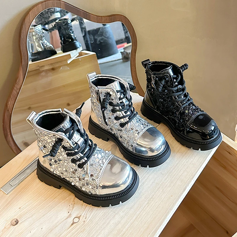 New Children's Ankle Boots 2025 Classic Girls Sequins School Catwalk Boots Thick Bottom Fashion Kids Causal Dress Leather Boots